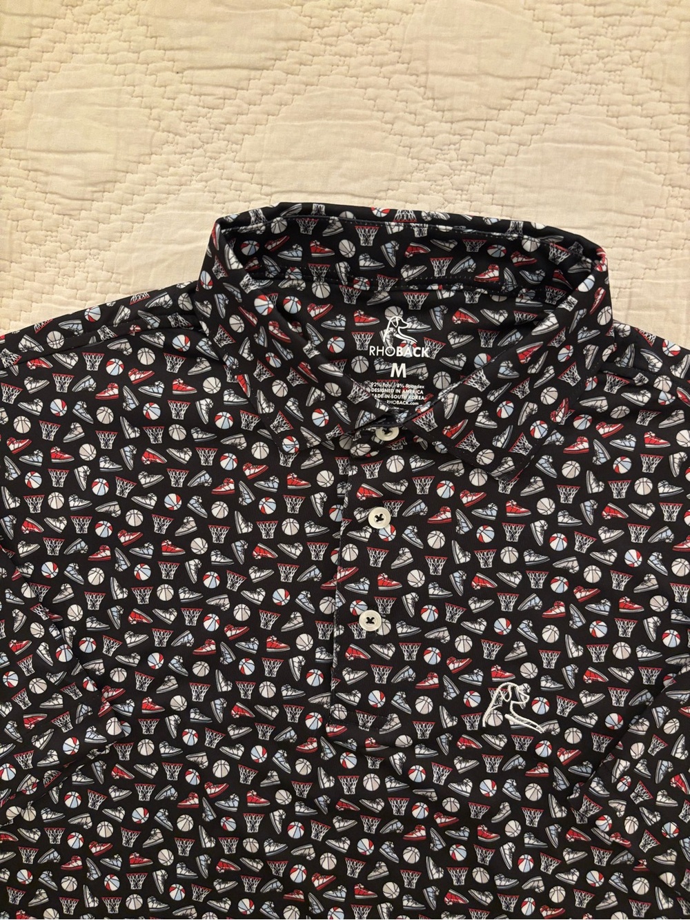 Rhoback Performance AOP Basketball Polo Mens M Black Golf Stretch Preppy Casual